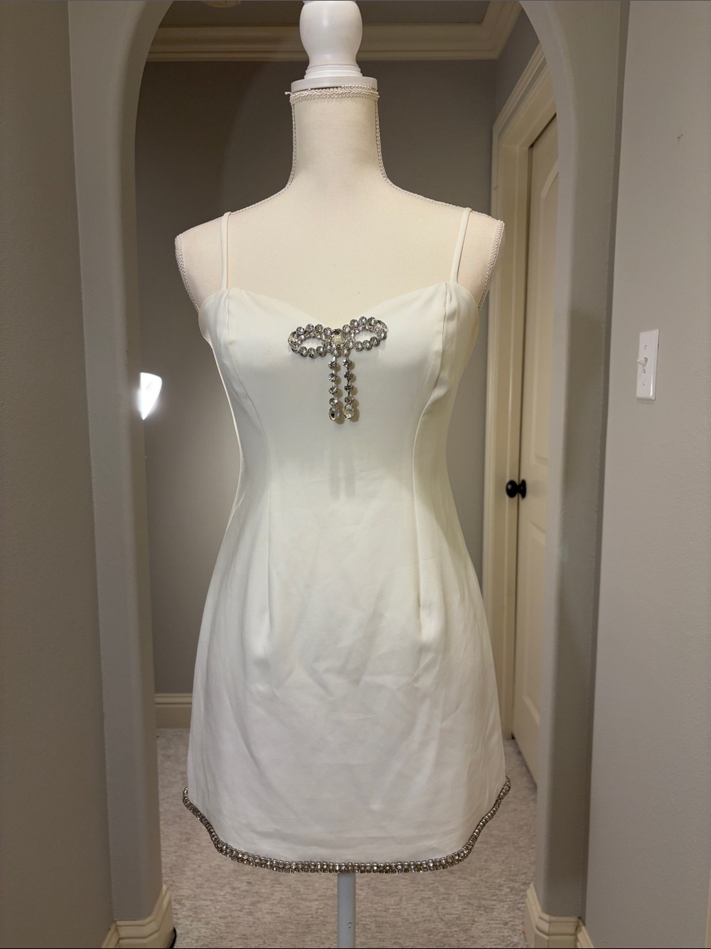 Gorgeous White Spaghetti-Strap Mini Dress with Crystal Accent